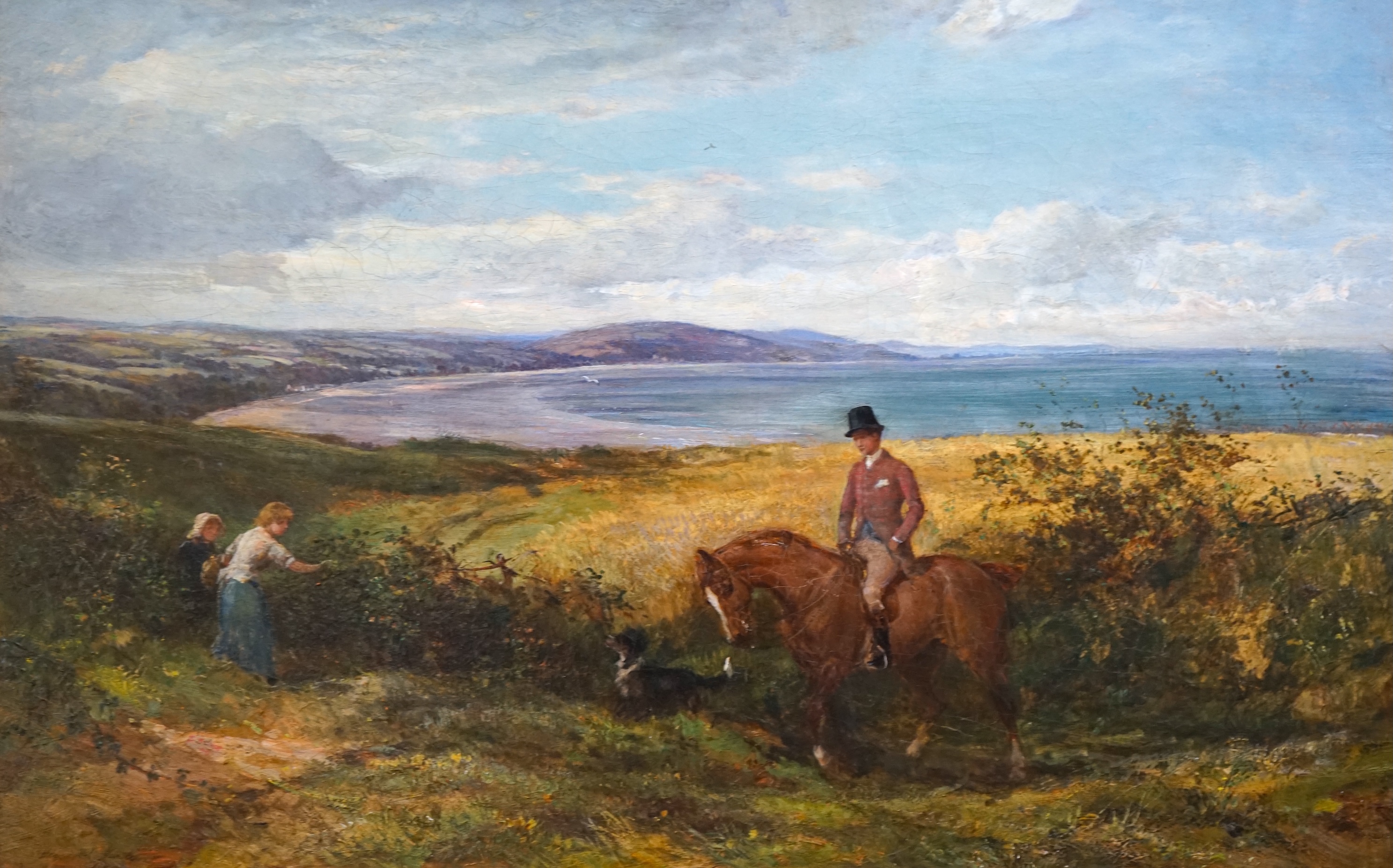 Heywood Hardy (British, 1843-1933), Rider beside figures picking blackberries, a coastal landscape beyond, oil on canvas, 44 x 69cm